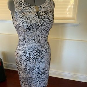 Calvin Klein sheath dress, size 10, Grey, Black, Ivory animal print. Lined